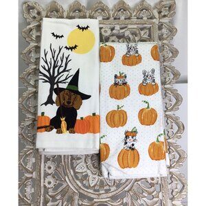 2 Halloween Kitchen Towels Halloween Dog,2 Pumpkin Cat.